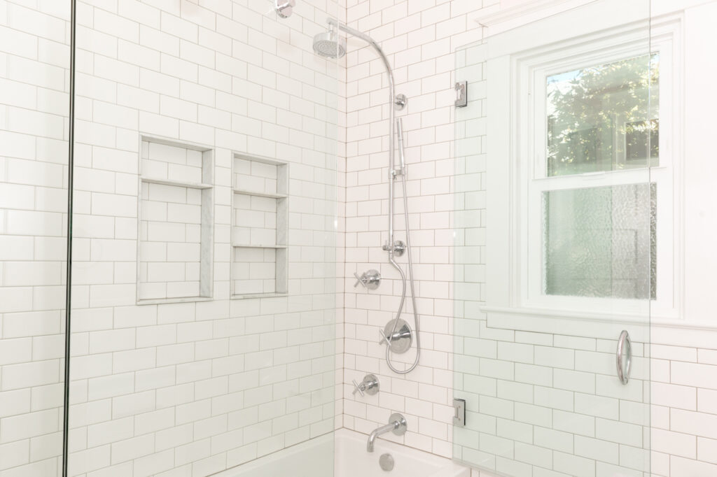 NE Portland bathroom Remodel shower handles and niches